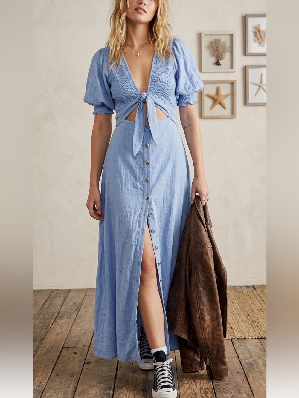 Free People String Of Hearts Maxi Button Front Dress in Blue Womens Size XS